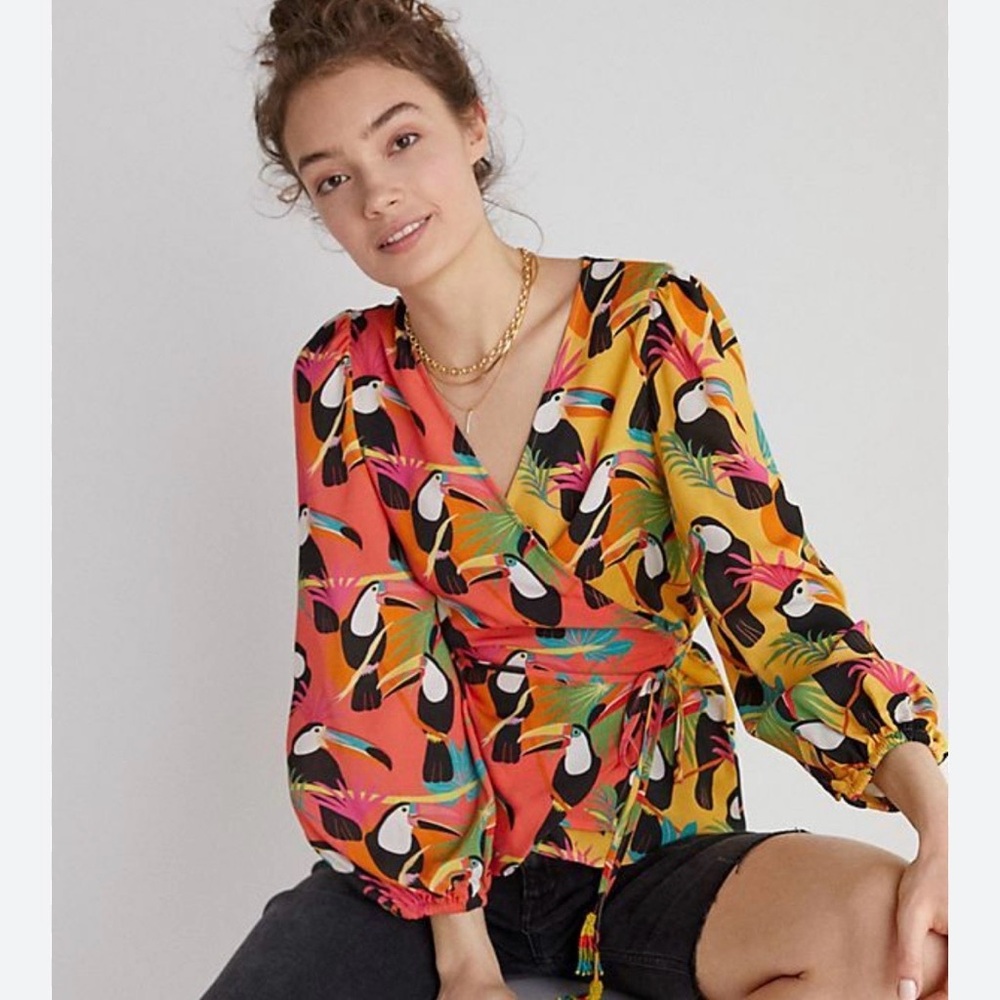 FARM RIO Anthropologie Tropical Toucan Wrap Blouse